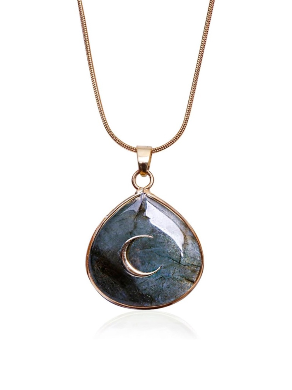 Gold or Silver Teardrop Moon Pendant Necklace with Blue-Green Labradorite Stone